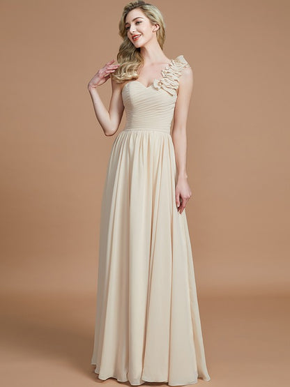 A-Line One-Shoulder Sleeveless Floor-Length Chiffon Bridesmaid Dresses