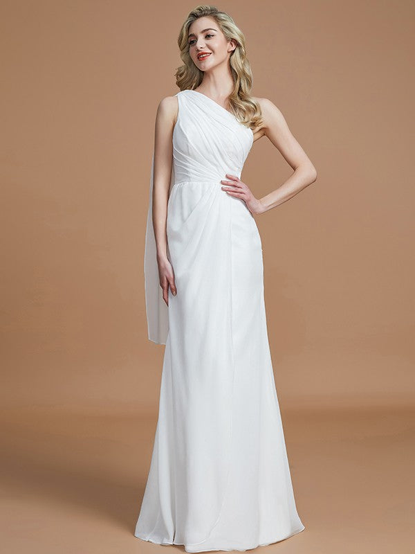 Sheath One-Shoulder Sleeveless Floor-Length Chiffon Bridesmaid Dresses