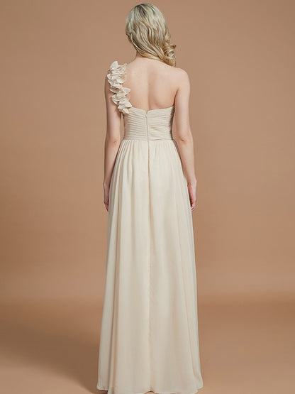 A-Line One-Shoulder Sleeveless Floor-Length Chiffon Bridesmaid Dresses