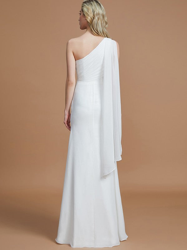 Sheath One-Shoulder Sleeveless Floor-Length Chiffon Bridesmaid Dresses