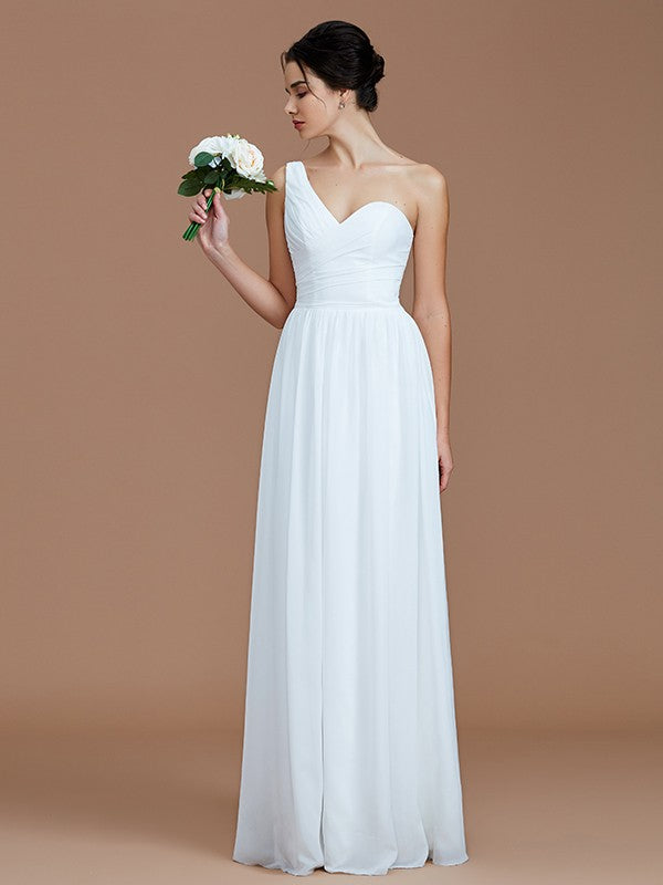 A-Line/Princess One-Shoulder Sleeveless Ruched Floor-Length Chiffon Bridesmaid Dresses
