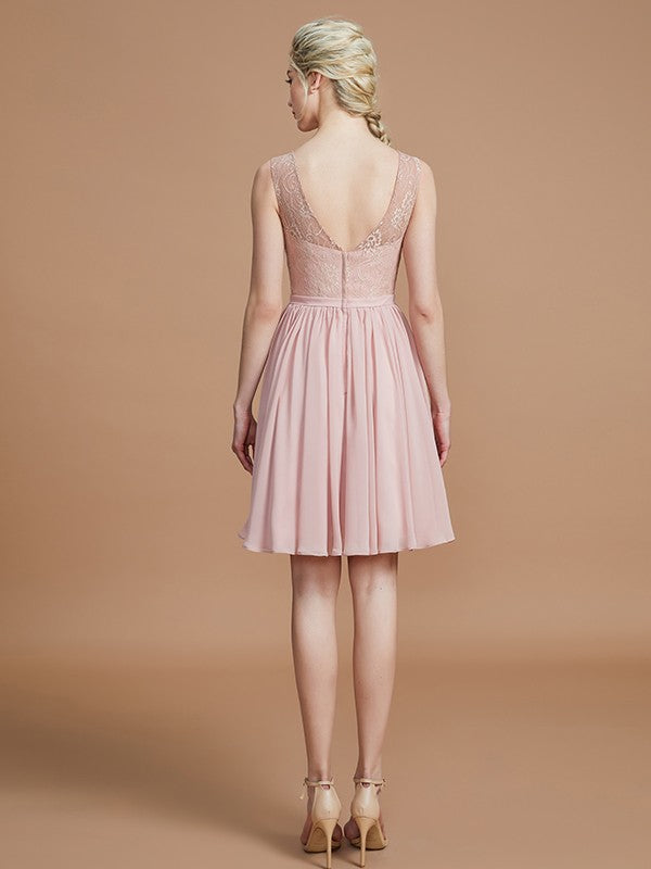A-Line/Princess V-neck Sleeveless Lace Short/Mini Chiffon Bridesmaid Dresses