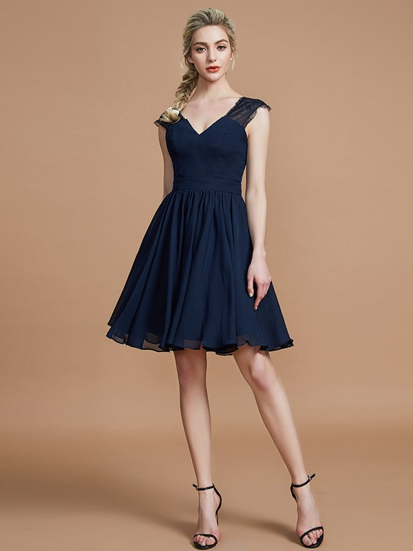 A-Line/Princess V-neck Chiffon Knee-Length Bridesmaid Dresses