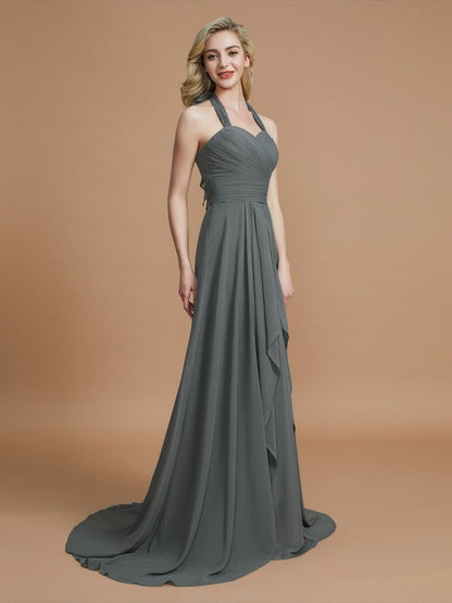 A-Line Halter Sleeveless Chiffon Sweep/Brush Train Bridesmaid Dresses