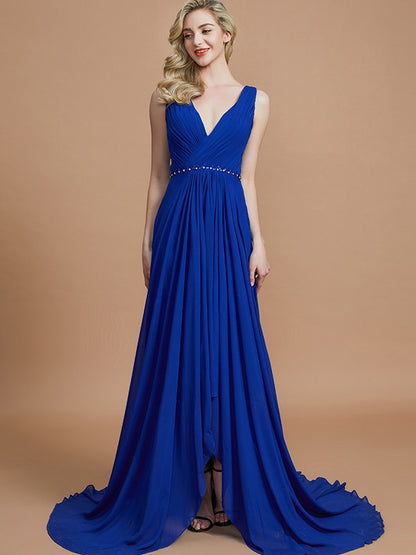 A-Line Sleeveless V-neck Chiffon Sweep/Brush Train Bridesmaid Dresses