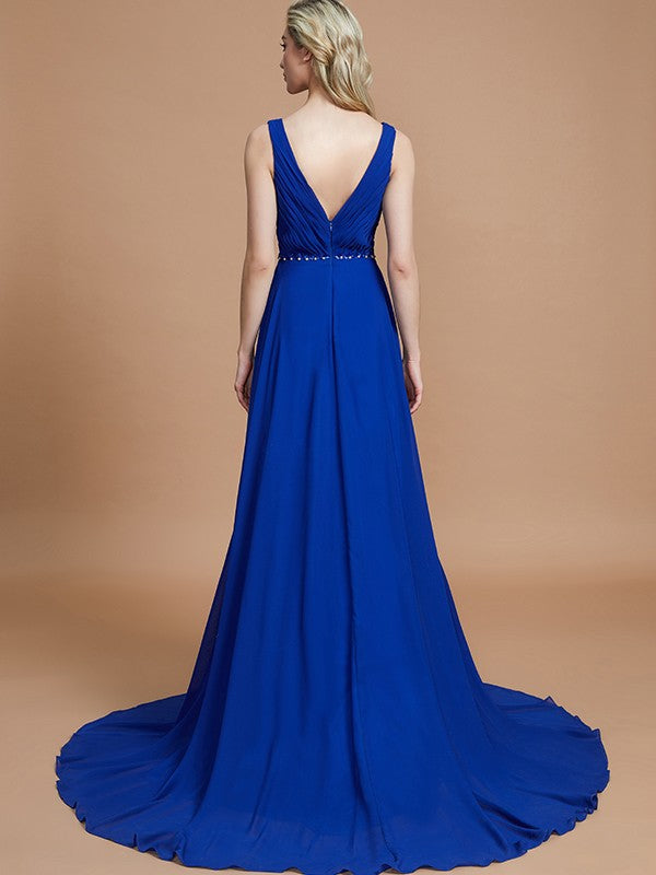 A-Line Sleeveless V-neck Chiffon Sweep/Brush Train Bridesmaid Dresses