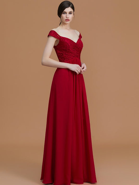 A-Line/Princess V-neck Sleeveless Floor-Length Lace Chiffon Bridesmaid Dresses