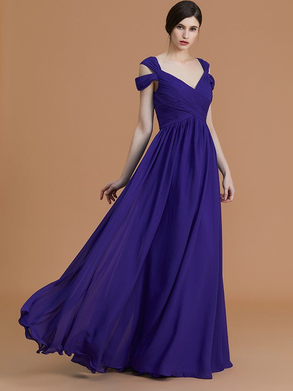 A-Line/Princess Off-the-Shoulder Sleeveless Floor-Length Ruched Chiffon Bridesmaid Dresses