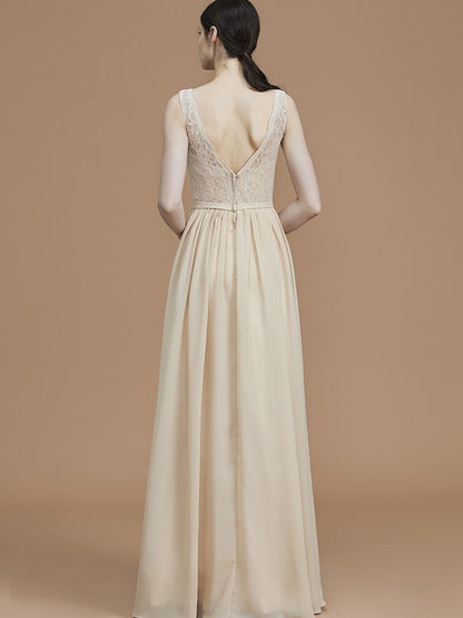 A-Line/Princess V-neck Sleeveless Floor-Length Ruffles Chiffon Bridesmaid Dresses