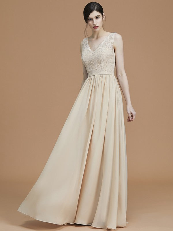 A-Line/Princess V-neck Sleeveless Floor-Length Ruffles Chiffon Bridesmaid Dresses