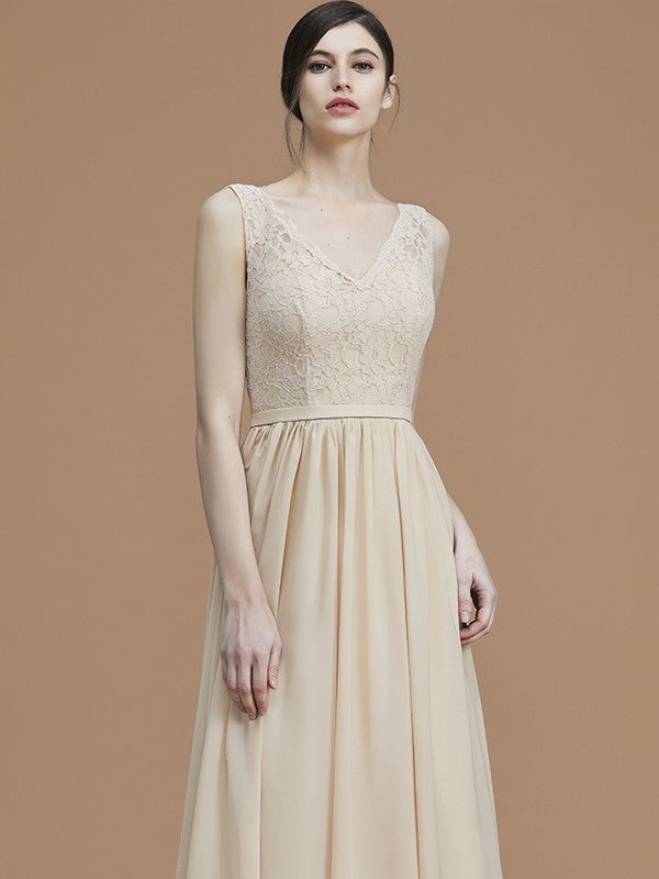 A-Line/Princess V-neck Sleeveless Floor-Length Ruffles Chiffon Bridesmaid Dresses