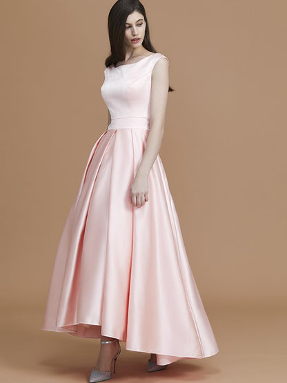 A-Line/Princess Bateau Sleeveless Asymmetrical Ruffles Satin Bridesmaid Dresses