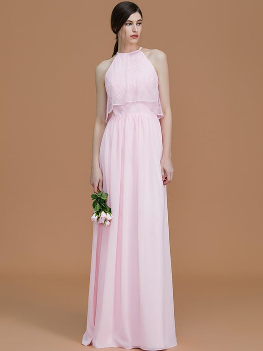 A-Line/Princess Halter Sleeveless Floor-Length Ruffles Chiffon Bridesmaid Dresses