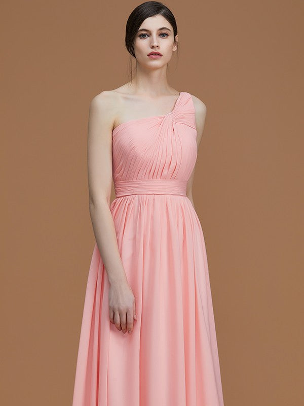 A-Line/Princess One-Shoulder Sleeveless Floor-Length Ruched Chiffon Bridesmaid Dresses