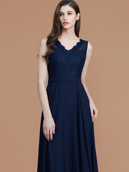 A-Line/Princess V-neck Sleeveless Floor-Length Lace Chiffon Bridesmaid Dresses