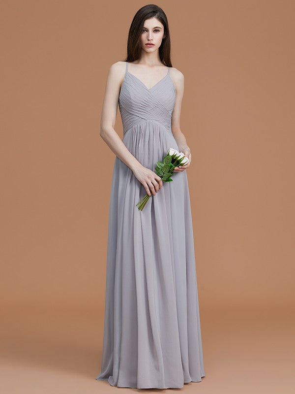 A-Line/Princess Spaghetti Straps Sleeveless Floor-Length Ruched Chiffon Bridesmaid Dresses