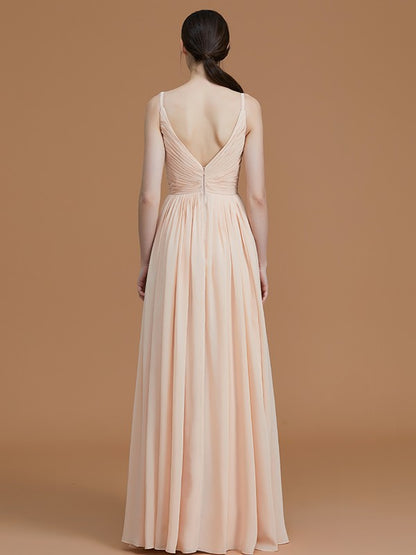 A-Line/Princess V-neck Sleeveless Floor-Length Ruffles Chiffon Bridesmaid Dresses