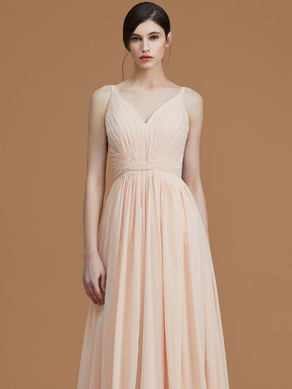 A-Line/Princess V-neck Sleeveless Floor-Length Ruffles Chiffon Bridesmaid Dresses