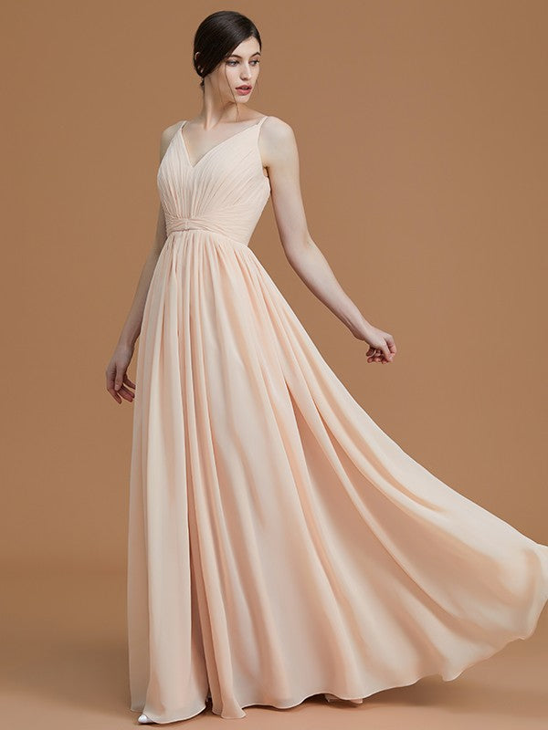 A-Line/Princess V-neck Sleeveless Floor-Length Ruffles Chiffon Bridesmaid Dresses