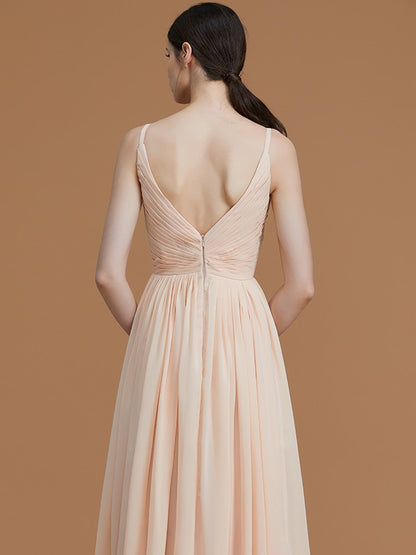 A-Line/Princess V-neck Sleeveless Floor-Length Ruffles Chiffon Bridesmaid Dresses