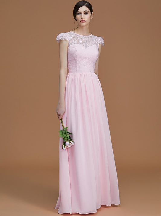 A-Line/Princess Lace Sleeveless Floor-Length Chiffon Ruched V-neck Bridesmaid Dresses