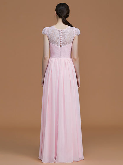 A-Line/Princess Jewel Short Sleeves Floor-Length Lace Chiffon Bridesmaid Dresses