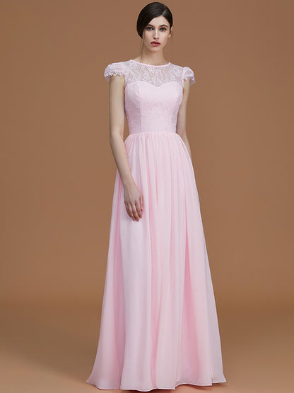 A-Line/Princess Lace Sleeveless Floor-Length Chiffon Ruched V-neck Bridesmaid Dresses