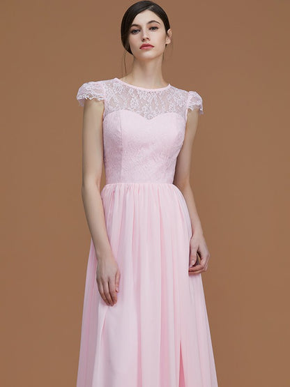 A-Line/Princess Jewel Short Sleeves Floor-Length Lace Chiffon Bridesmaid Dresses