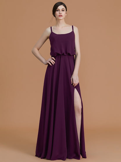 A-Line/Princess Spaghetti Straps Sleeveless Floor-Length Ruffles Chiffon Bridesmaid Dresses