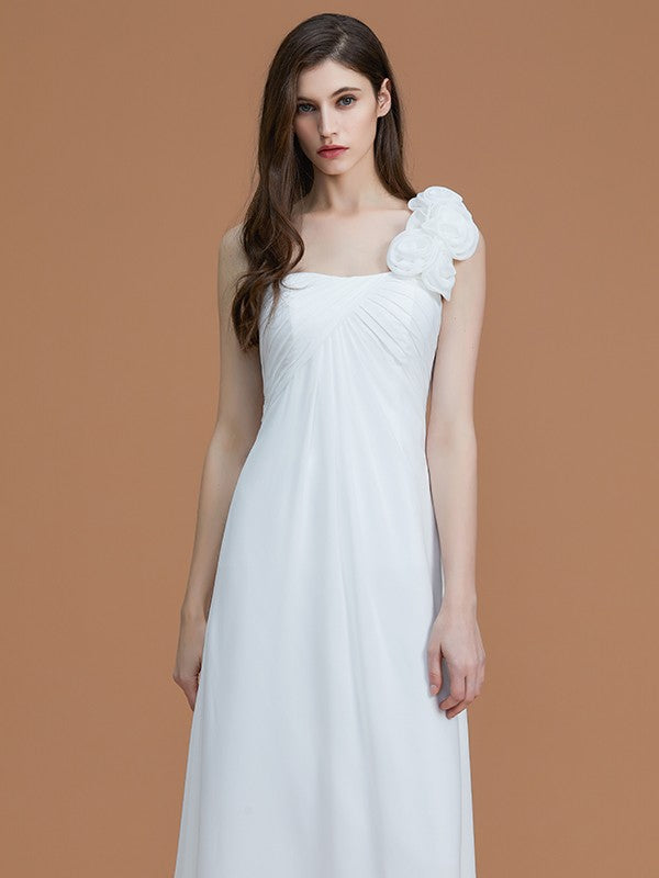 A-Line/Princess One-Shoulder Sleeveless Floor-Length Hand-Made Flower Chiffon Bridesmaid Dresses