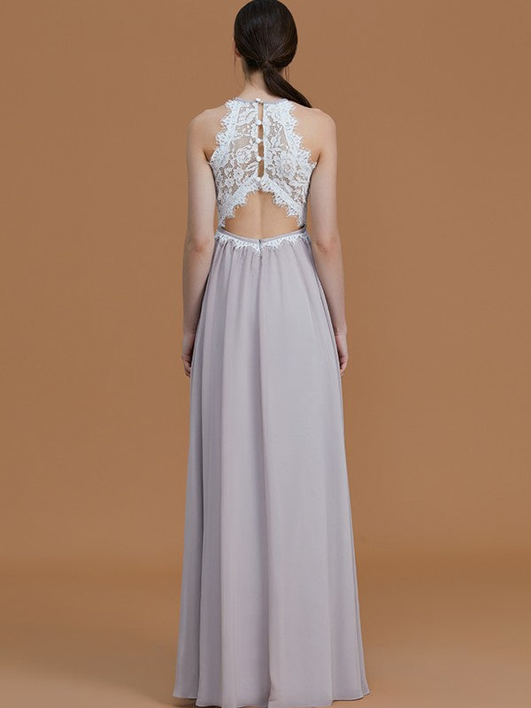 A-Line/Princess Halter Sleeveless Floor-Length Lace Chiffon Bridesmaid Dresses