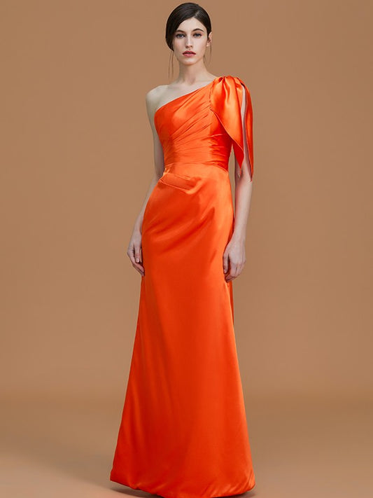 Trumpet/Mermaid One-Shoulder Sleeveless Floor-Length Ruched  Woven Satin Bridesmaid Dresses