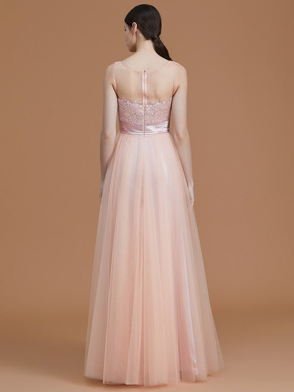 A-Line/Princess Bateau Sleeveless Floor-Length Applique Tulle Bridesmaid Dresses