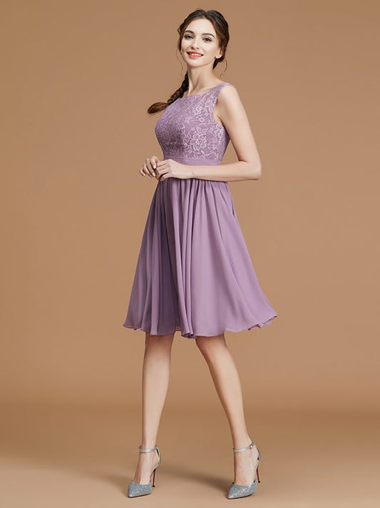 A-Line/Princess Bateau Sleeveless Short/Mini Lace Chiffon Bridesmaid Dresses