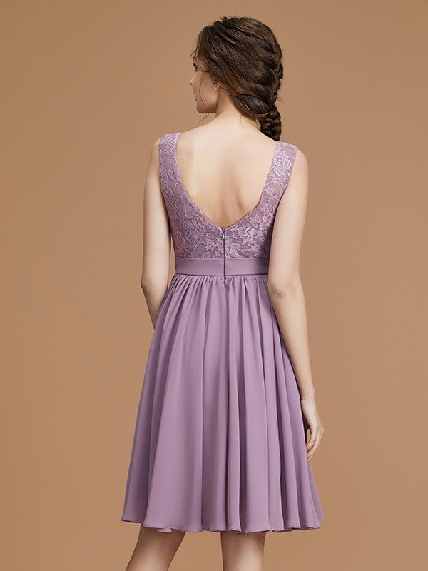 A-Line/Princess Bateau Sleeveless Short/Mini Lace Chiffon Bridesmaid Dresses