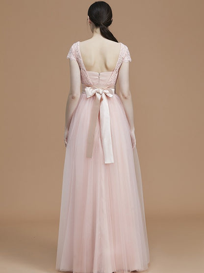 A-Line/Princess Bateau Short Sleeves Floor-Length Sash/Ribbon/Belt Tulle Bridesmaid Dresses