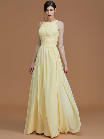 A-Line/Princess Halter Sleeveless Floor-Length Ruched Chiffon Bridesmaid Dresses