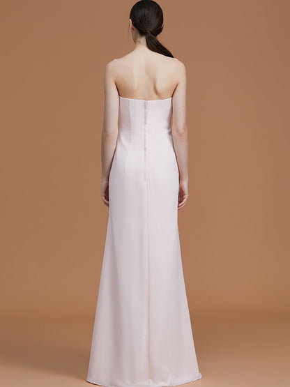 A-Line/Princess Strapless Sleeveless Floor-Length Ruched Chiffon Bridesmaid Dresses