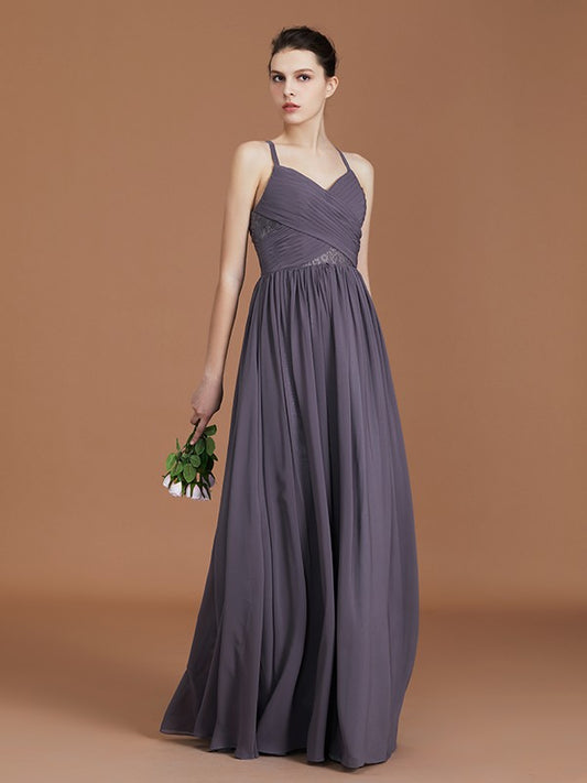 A-Line/Princess Lace Spaghetti Straps Sleeveless Floor-Length Chiffon Bridesmaid Dress