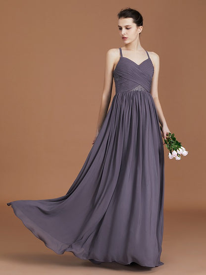 A-Line/Princess Lace Spaghetti Straps Sleeveless Floor-Length Chiffon Bridesmaid Dress