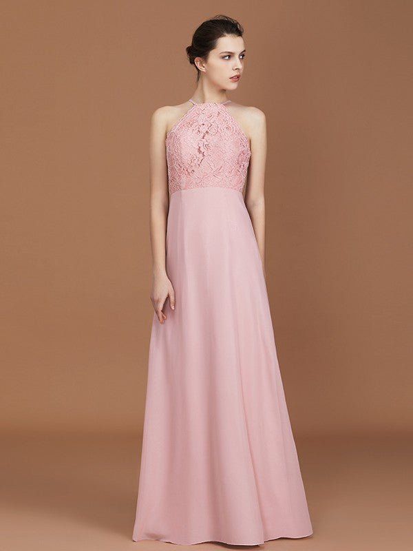 A-Line/Princess Halter Sleeveless Lace Floor-Length Chiffon Bridesmaid Dress