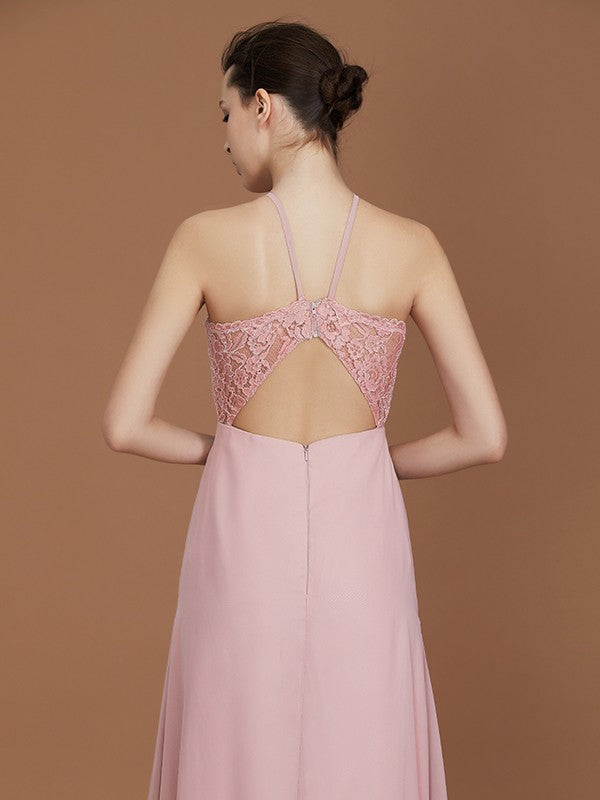 A-Line/Princess Halter Sleeveless Lace Floor-Length Chiffon Bridesmaid Dress