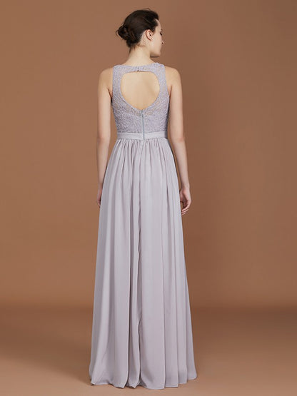 A-Line/Princess Jewel Sleeveless Floor-Length Ruched Chiffon Bridesmaid Dresses