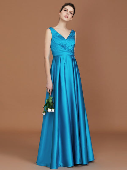 A-Line/Princess V-neck Sleeveless Floor-Length Ruffles Satin Bridesmaid Dress