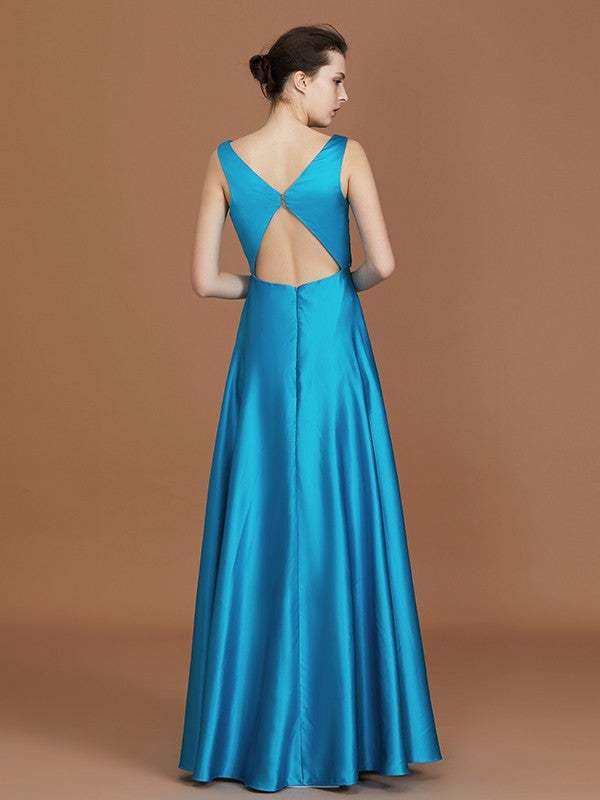 A-Line/Princess V-neck Sleeveless Floor-Length Ruffles Satin Bridesmaid Dress