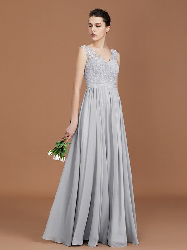 A-Line/Princess V-neck Sleeveless Floor-Length Chiffon Lace Bridesmaid Dress