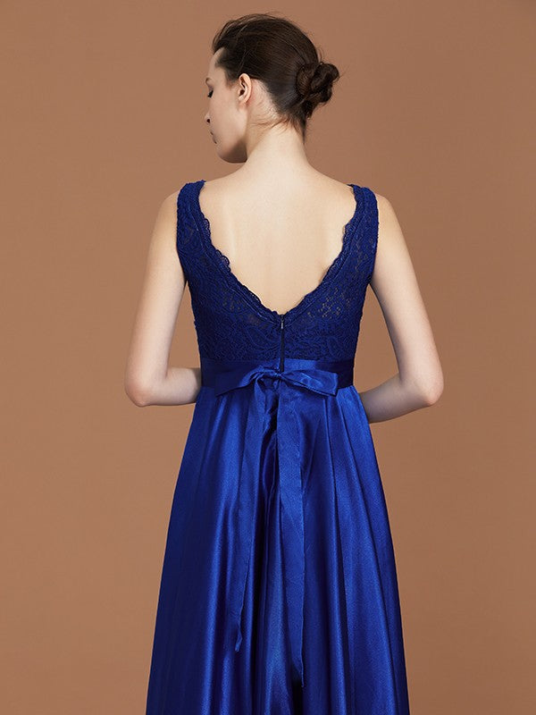 A-Line/Princess V-neck Sleeveless Satin Asymmetrical Lace Bridesmaid Dress