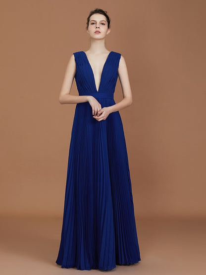 A-Line/Princess V-neck Sleeveless Pleated Floor-Length Chiffon Bridesmaid Dress