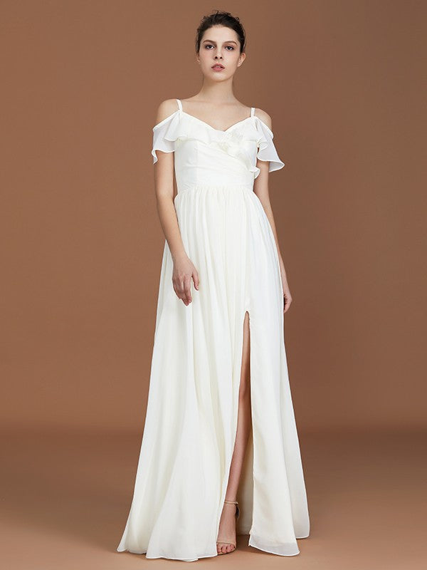 A-Line/Princess Short Sleeves Spaghetti Straps Ruched V-neck Floor-Length Chiffon Bridesmaid Dresses