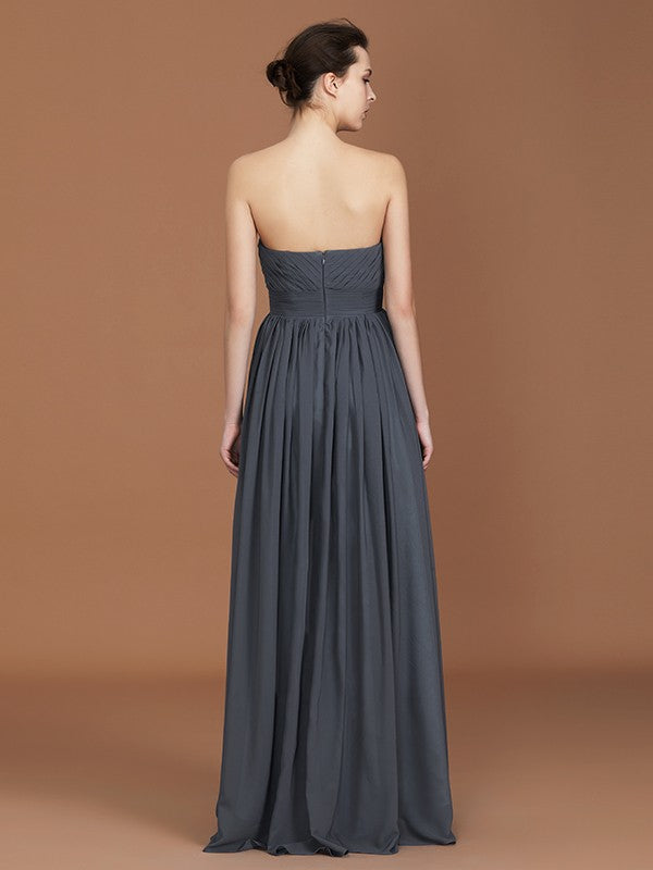 A-Line/Princess Asymmetrical Sleeveless Ruched Sweetheart Floor-Length Chiffon Bridesmaid Dresses